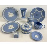 8 pieces of blue Wedgwood Jasper ware. To include various size and shaped lidded trinket boxes, a