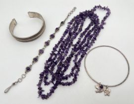 A collection of assorted vintage silver, white metal & amethyst jewellery. To include 7 panel