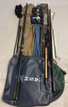 A collection of fishing equipment to include a Fladen Powerstick 360 12ft fishing rod with canvas