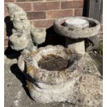 3 vintage concrete garden ornaments - a garden planter modelled as a boot, a gnome holding 2 pots