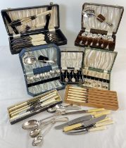 A quantity of assorted vintage cutlery sets, mostly cased. To include coffee bean coffee spoons,