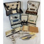 A quantity of assorted vintage cutlery sets, mostly cased. To include coffee bean coffee spoons,