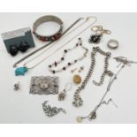 A small collection of costume and silver jewellery, some a/f. To include a pair of screw back