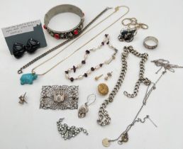 A small collection of costume and silver jewellery, some a/f. To include a pair of screw back