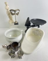 A box of assorted vintage items to include cast metal kitchen scales & weights. Together with 2