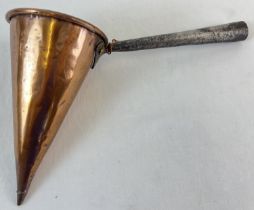 An antique copper ale muller with riveted straight handle. Cone approx. 17.5cm tall.