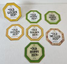 7 beer pump clips and clip boards for Morland ales and beers. 3 x Old Golden Hen, 3 x Old Hoppy