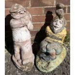 2 vintage concrete garden ornaments, a garden gnome with a squirrel on his head, with painted