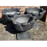 3 large 2 sectional pedestal based garden planters of classical form with scrolled foliate design,