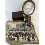 A vintage oak box with approx. 30 various coloured embroidery skeins, together with an LS Lowry