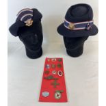 2 vintage felt red cross nurses hats with ribbons, one with enamel badge. Together with 13 metal and