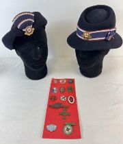 2 vintage felt red cross nurses hats with ribbons, one with enamel badge. Together with 13 metal and