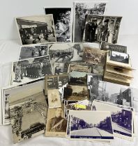 A box of assorted vintage black & white photographs to include Naval interest.