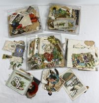 3 plastic tubs of assorted vintage scraps, pictures, greetings cards and prints.