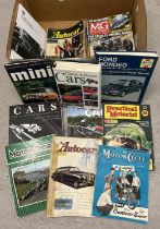 A box of assorted modern and vintage car books and magazines. To include 2 book set from LB, 2 books