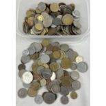 A small tub of vintage British and foreign coins. To include examples from Portugal, Costa Rica,