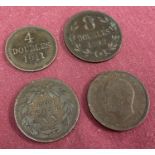 2 late 19th century Portuguese XX Reis coins together with 2 Guernsey Doubles. An 1902 8 Doubles
