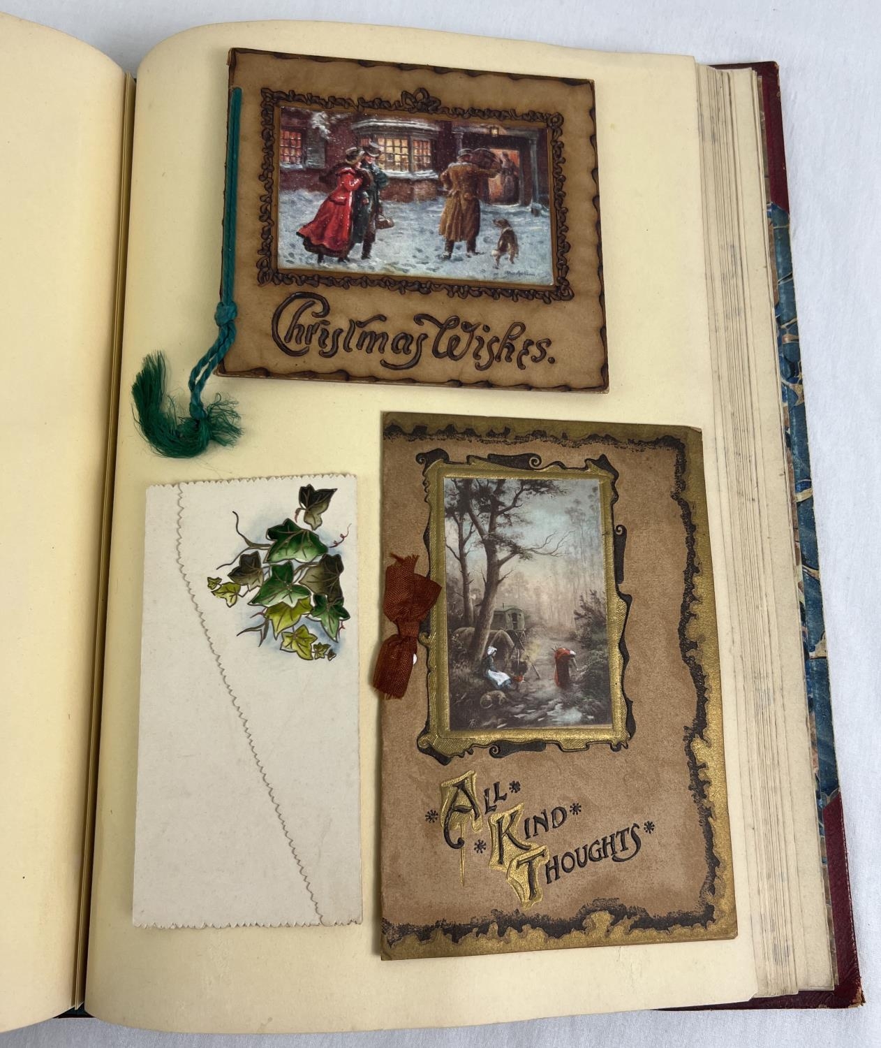 A Victorian leather bound album of assorted period greetings cards - stuck in. - Image 7 of 7