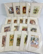 A collection of 21 assorted mounted vintage coloured prints, each approx. 28cm x 20cm.