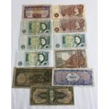 10 vintage British and foreign bank notes. To include 4 x Elizabeth II green Â£1 notes (all D