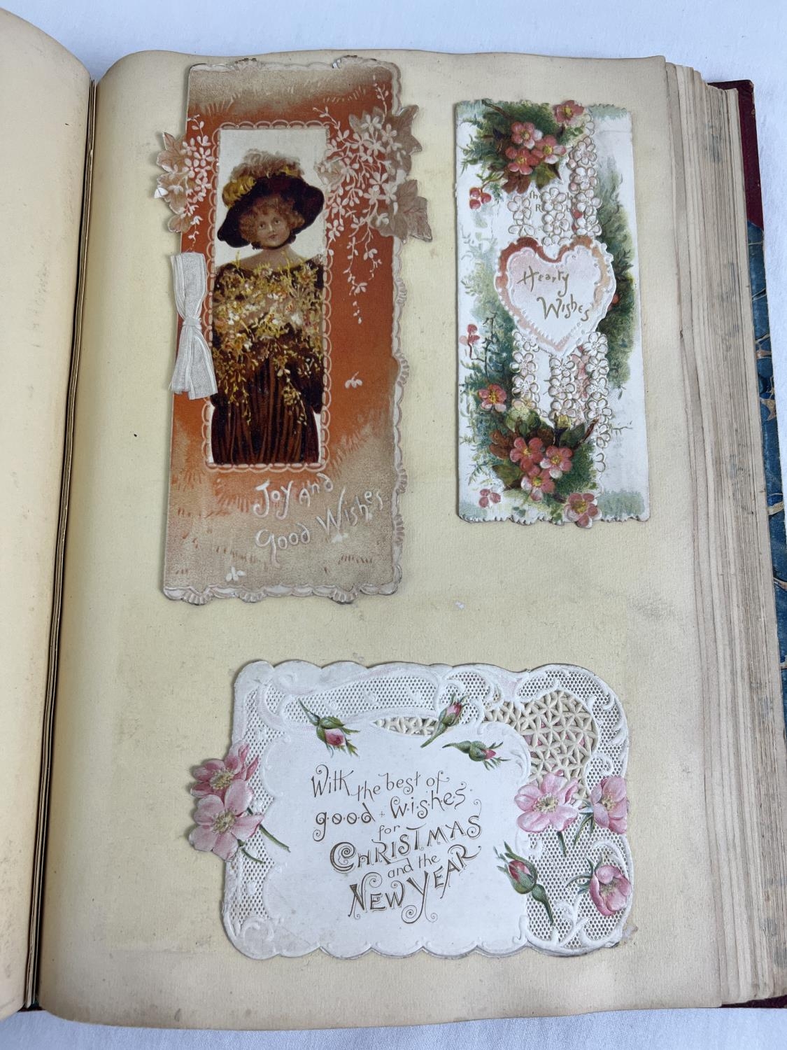 A Victorian leather bound album of assorted period greetings cards - stuck in. - Image 5 of 7