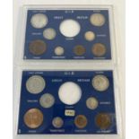 2 cased sets of George V collectors coins, crown missing from both, 1929 and 1933. Both contain half