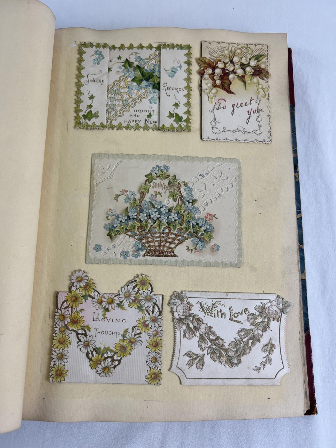 A Victorian leather bound album of assorted period greetings cards - stuck in. - Image 3 of 7