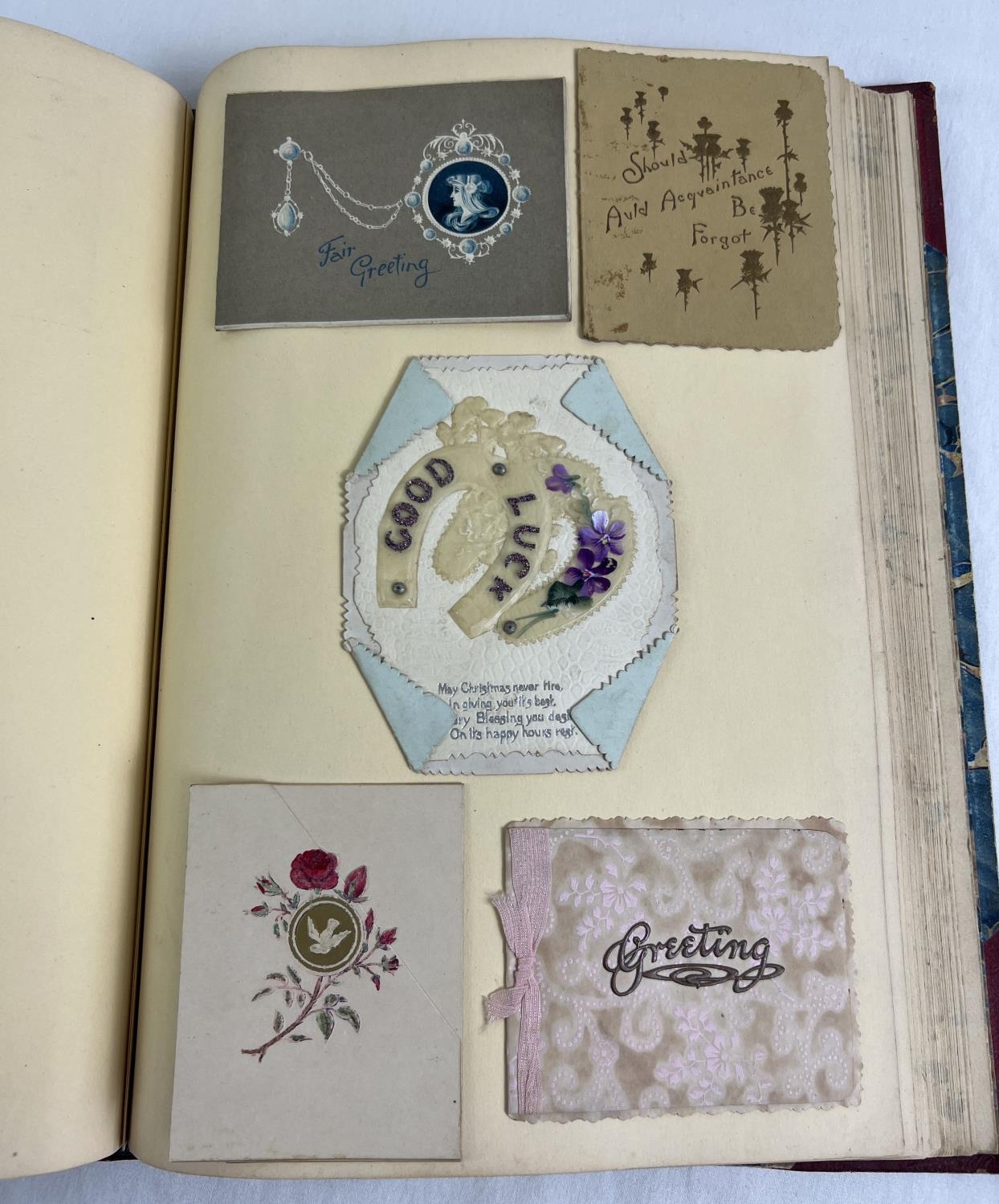A Victorian leather bound album of assorted period greetings cards - stuck in. - Image 6 of 7