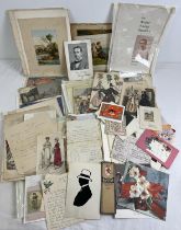A box of assorted vintage ephemera, to include correspondence, greetings cards, prints, etchings and