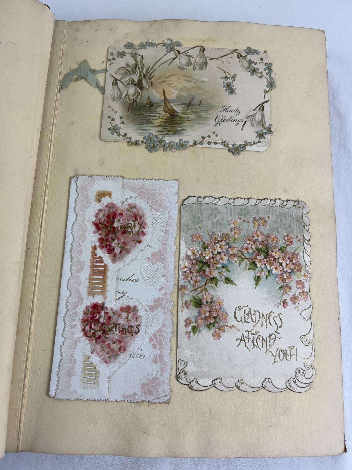 A Victorian leather bound album of assorted period greetings cards - stuck in. - Image 2 of 7