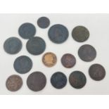 A small collection of Georgian coins in varying conditions. To include George II 1749 half penny,