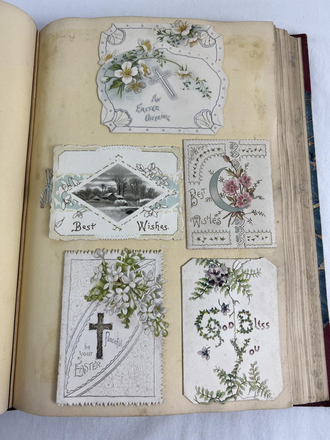 A Victorian leather bound album of assorted period greetings cards - stuck in. - Image 4 of 7