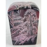 A large & heavy Chinese soapstone seal with carved scenes to each side. Approx. 16.5cm tall and