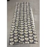 A pair of lined heavy cotton mix tape top curtains in grey, cream and mustard retro design, by