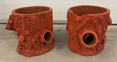 A pair of vintage strawberry pots modelled as tree trunks. Approx. 34cm tall x 31cm diameter.