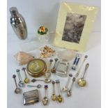 A box of mixed vintage items to include a vintage clear plastic preserve pot with peach detail, an