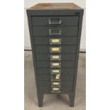 A vintage Bisley 10 drawer set of grey metal drawers. Approx. 74cm tall x 28cm wide.