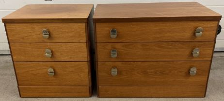 2 Stag mid century 3 drawer chests with metal knob handles. Largest approx. 64cm tall x 81.5cm wide.