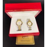 A boxed matching His & Hers quartz wristwatches by Alexis. Two tone stainless steel straps and cases