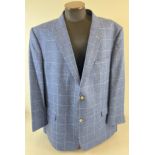 A men's mid blue check linen blend blazer by Thomas Hutton. Size 52R with pink stitching to lapel