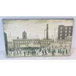 A mid century L.S Lowry boarded print 'Outside The Mills' approx. 28.8cm x 50.5cm.