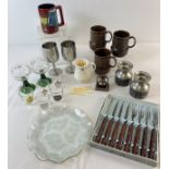 A box of assorted mid century retro collectables to include glass, ceramics and metal ware. Lot