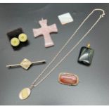 A small collection of silver, natural stone and costume jewellery. To include brown agate set