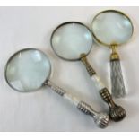 3 large magnifying glasses to include faceted glass and handles set with pearl panels. Glass