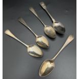 5 Georgian Bateman teaspoons. 3 matching with W.T.M. initials engraved to handle hallmarked