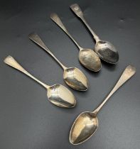 5 Georgian Bateman teaspoons. 3 matching with W.T.M. initials engraved to handle hallmarked