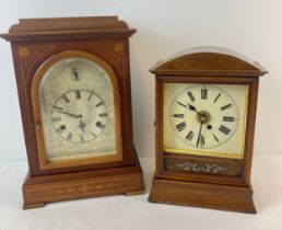 2 vintage wooden cased mantle clocks, for spares or repair, larger one converted to battery operated