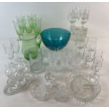 A box of assorted vintage clear & coloured glass to include mid century green glass pitcher &