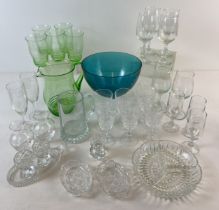 A box of assorted vintage clear & coloured glass to include mid century green glass pitcher &
