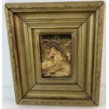An antique gilt framed small oil on board depicting children fishing in a river, unsigned. Approx 32